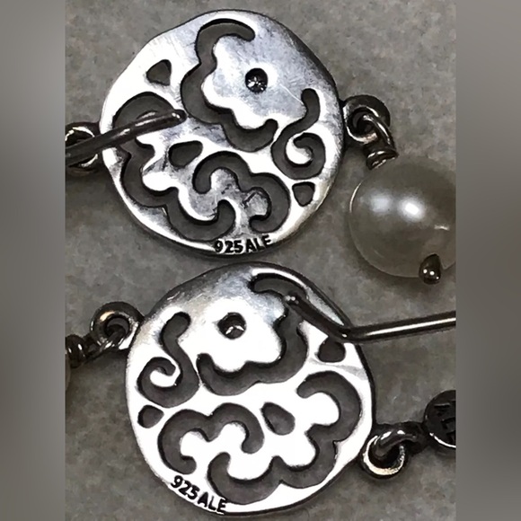 RARE Pandora Two Tone Life's Path Sterling & 14k Gold Pearl & Diamond Earrings - Picture 4 of 4